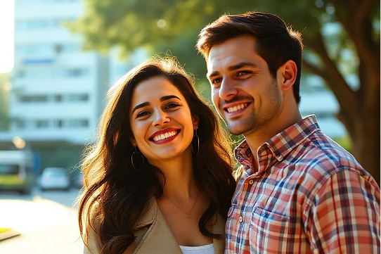 Casal feliz simulando plano de saúde